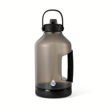 Metallic plastic gallon jug water bottle with black flip-up straw and handle loop