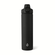 Black 28 oz stainless steel water bottle with push-lock lid and carry handle
