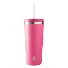 Bright pink stainless steel tumbler with clear straw and snap-on lid, 24oz