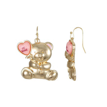 Gold teddy bear drop earrings with pink heart charm and hook backs