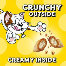 Cat treats flavor graphic: crunchy outside, creamy inside with cat and treat pieces