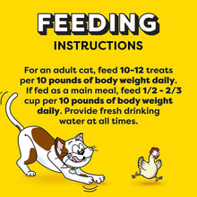 Cat treats feeding instructions panel with daily treat amounts and water note