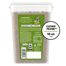 Catnip Fever cat treats tub, back label view, 16 oz