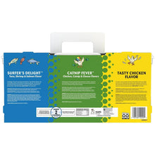 Back view of three cat treat tubs with flavor panels: Surfer’s Delight, Catnip Fever, Tasty Chicken