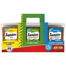 Cat treat variety pack with three tubs: Tasty Chicken, Catnip Fever, Surfer’s Delight, 16 oz