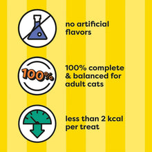 Yellow info panel with icons: no artificial flavors, balanced for adult cats, less than 2 kcal