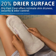 Hands holding a white overnight incontinence pad on a light surface, “20% drier surface” text.