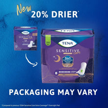 Overnight incontinence pad package shown with “20% drier” claim and smaller pack inset.