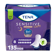 Overnight incontinence pad package, 135 count, purple and blue design, TENA Sensitive Care.