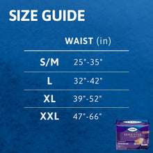 Size guide for waist 39–52 in (XL) with TENA pack shown
