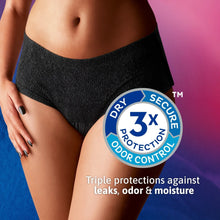 Black women’s underwear brief on model with 3x dry, secure protection badge