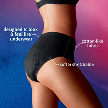Black women’s underwear brief on model, soft stretchable, cotton-like fabric