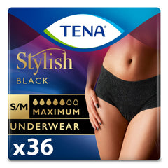 TENA Stylish Black Underwear for Women, Maximum S/M, 36 Count