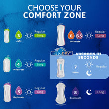Instadry comfort zone pad sizes chart with pad icons