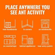 Ant bait placement guide icons for baseboards, corners, and window sills