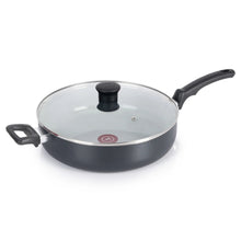 Black ceramic non-stick jumbo sauté pan with glass lid and helper handle