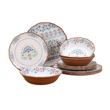 Multicolor dinnerware set with floral bowls and plates, brown rim and white centers.