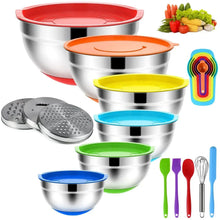Stainless steel mixing bowl set with color lids, grater discs, and utensils