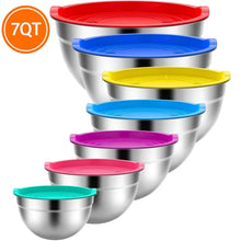 Stainless steel mixing bowl set with nesting bowls and colorful snap-on lids