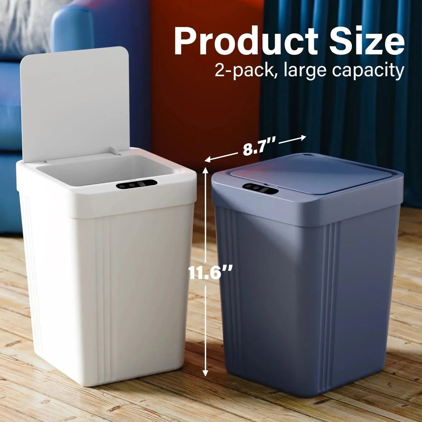 TINANA Smart Sensor Trash Can 2 Pack, 3.4 Gallon Plastic Garbage Bin 13L Waterproof Touchless Wastebasket for Bedroom, Office, Living Room, Blue & White - USA MEGA SHOP