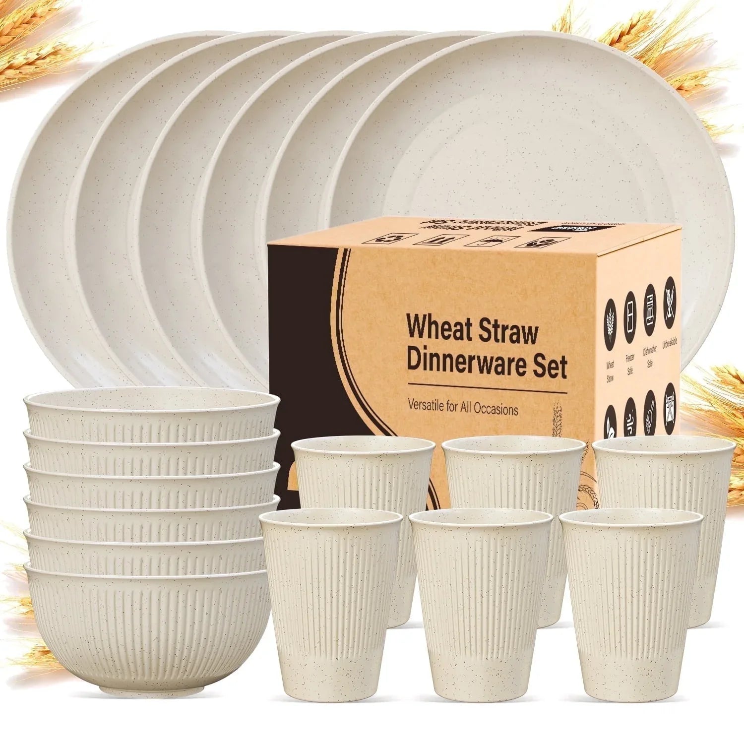 TINANA Wheat Straw Dinnerware Sets, Service for 6, 18 PCS Unbreakable Plastic Dinnerware, Freezer Dishwasher Safe - Beige