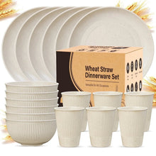 Beige wheat-straw dinnerware set with stacked bowls, cups, and dinner plates
