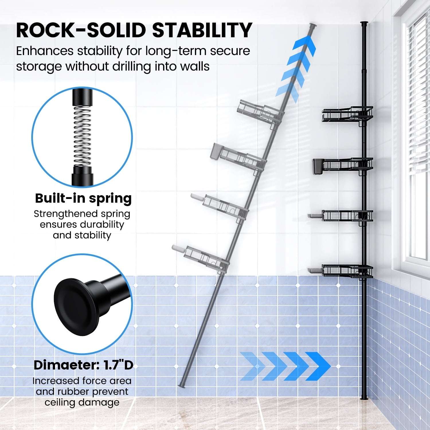 TINANA Shower Caddy with Tension Pole: 4 Tier Adjustable L-shaped Corner Shower Organizer for Bath Essentials, 43.5 to 120 Inch, Black