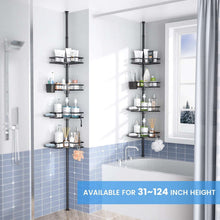 Black 4-tier shower caddy on a vertical tension pole in a corner shower