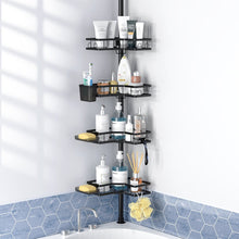 Black 4-tier L-shaped corner shower caddy with tension pole for bath essentials