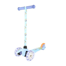 3-wheel toddler kick scooter with light-up wheels and blue patterned handlebar stem