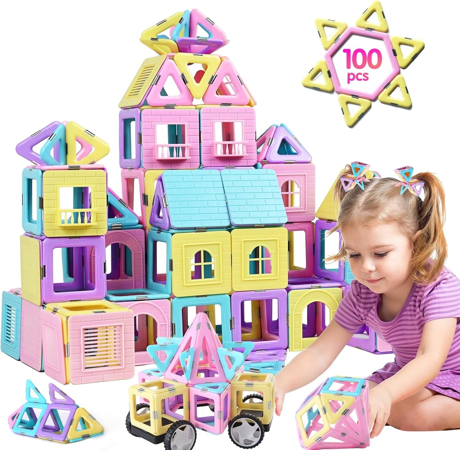 Magnetic Tiles 80pcs Magnet Building Blocks Set Creative Stacking Toys for Kids, 3D DIY Construction Kit Preschool Child Montessori Toys STEM Learning Toys Gifts for Girls Boys 3 4 5 6 7 Years