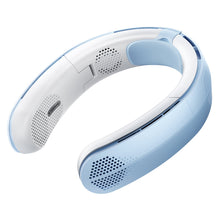 Portable foldable neck fan, light blue and white, with mesh air vents