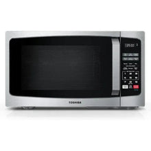 Stainless countertop microwave with dark window and digital control panel keypad