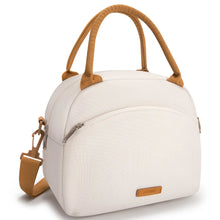 Cream insulated lunch tote bag with top handle and adjustable crossbody shoulder strap