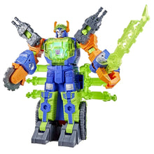 Robot action figure with green, blue, and orange armor and large battle accessories
