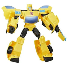 Yellow and blue Bumblebee-style robot action figure with wing arms and black feet.