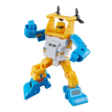 Robot action figure in yellow, blue, and white crouching with large blue accessories