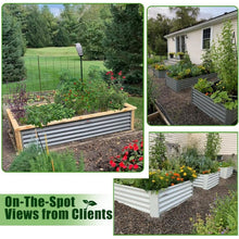 Gray metal raised garden bed filled with soil and mixed flowers and vegetables outdoors.