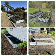 Gray metal raised garden bed set installed in yards, showing multiple planter sections filled with soil.