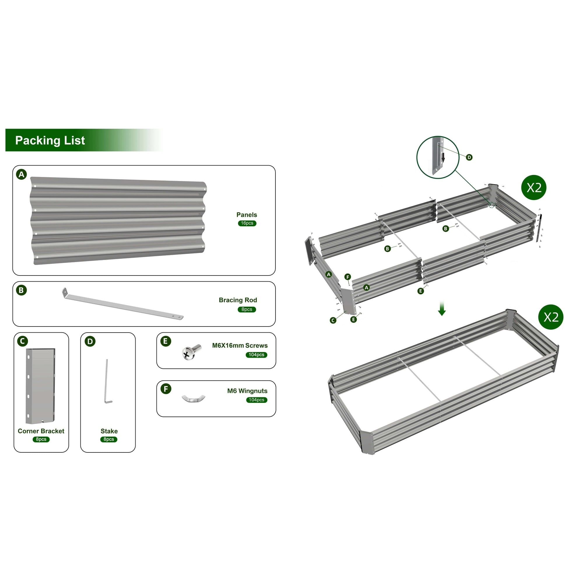 TRAMULL 2 Pack 8x3x1ft Metal Galvanized Raised Garden Bed for Vegetables Flowers Ground Planter Box (Gray)