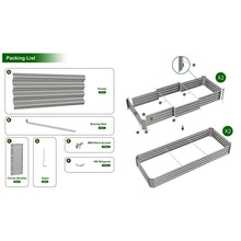 Metal raised garden bed kit parts diagram: panels, braces, corner brackets, and stakes.