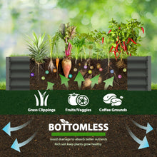 Bottomless gray metal raised garden bed planter with drainage arrows and planting bed cutout.