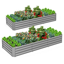 Gray metal raised garden beds with divider panels, filled with leafy greens and flowers.