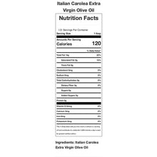 Nutrition Facts panel for extra virgin olive oil tin, with serving size and calories