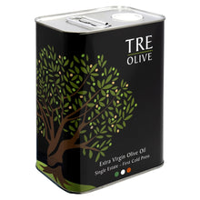 Extra virgin olive oil tin with TRE Olive logo and olive tree design