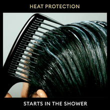 Hair with comb and heat protection text overlay