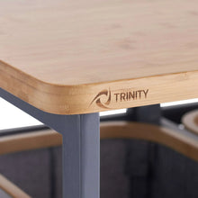 TRINITY bamboo laundry station with logo on light wood frame and gray fabric sides