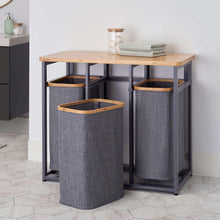 Bamboo-top laundry station with two gray fabric bins and a removable full-height bin