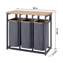 Bamboo-top laundry station with three gray fabric bins; size diagram shows 30.7 in. height