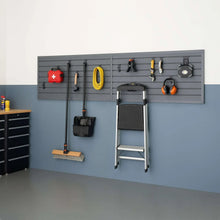 Gray slatwall accessory set with hanging holders, hooks, and a folding ladder-style rack